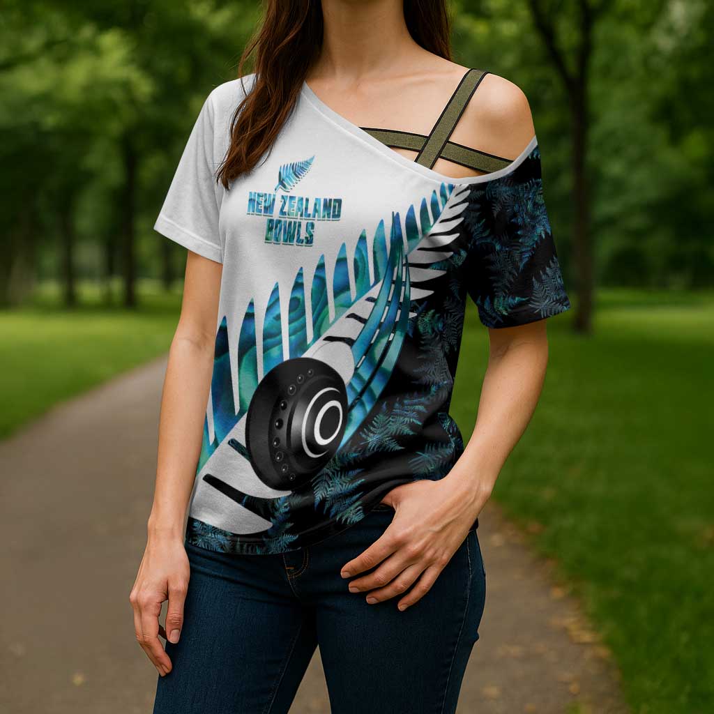 New Zealand Lawn Bowls Custom Cross Shoulder Shirt Aotearoa Silver Fern Paua Shell LT14 - Polynesian Pride
