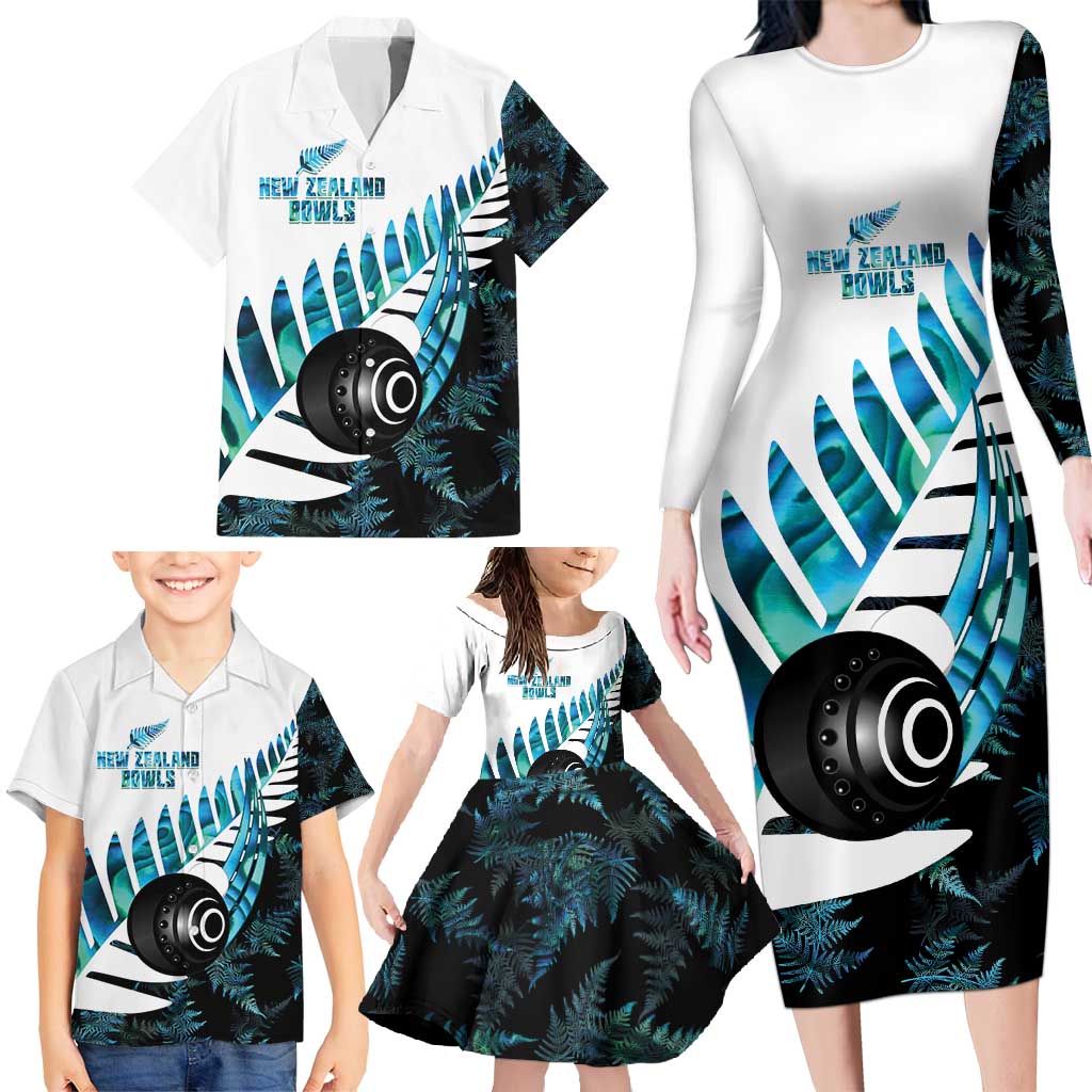 New Zealand Lawn Bowls Custom Family Matching Long Sleeve Bodycon Dress and Hawaiian Shirt Aotearoa Silver Fern Paua Shell LT14 - Polynesian Pride
