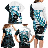 New Zealand Lawn Bowls Custom Family Matching Long Sleeve Bodycon Dress and Hawaiian Shirt Aotearoa Silver Fern Paua Shell LT14 - Polynesian Pride