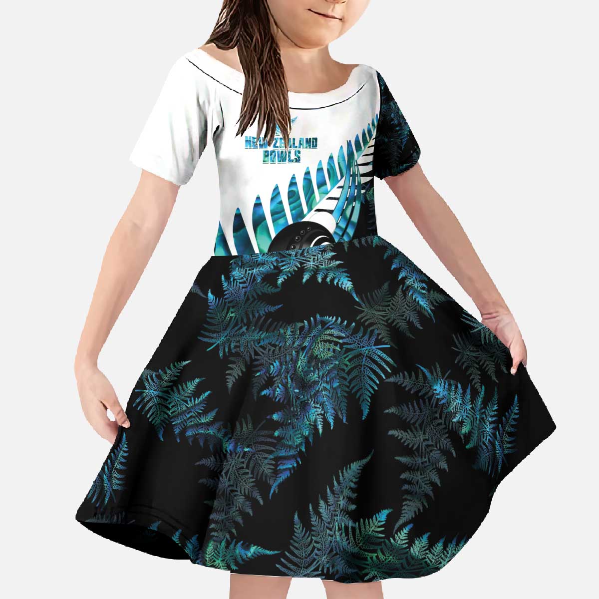 New Zealand Lawn Bowls Custom Family Matching Off The Shoulder Long Sleeve Dress and Hawaiian Shirt Aotearoa Silver Fern Paua Shell LT14 Daughter's Dress Black - Polynesian Pride