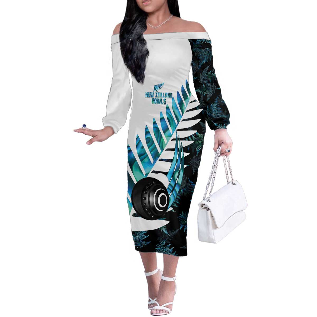 New Zealand Lawn Bowls Custom Family Matching Off The Shoulder Long Sleeve Dress and Hawaiian Shirt Aotearoa Silver Fern Paua Shell LT14 Mom's Dress Black - Polynesian Pride