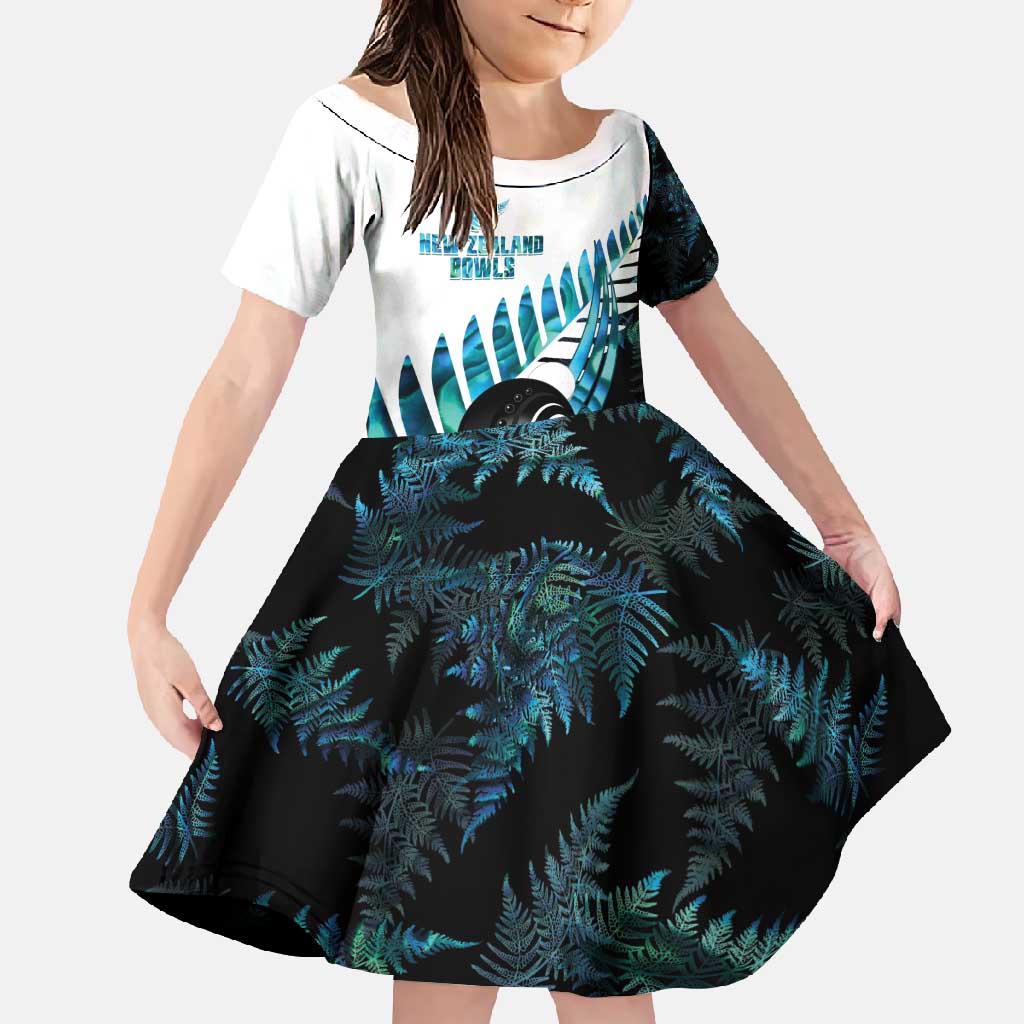 New Zealand Lawn Bowls Custom Family Matching Off Shoulder Maxi Dress and Hawaiian Shirt Aotearoa Silver Fern Paua Shell LT14 Daughter's Dress Black - Polynesian Pride