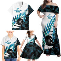 New Zealand Lawn Bowls Custom Family Matching Off Shoulder Maxi Dress and Hawaiian Shirt Aotearoa Silver Fern Paua Shell LT14 - Polynesian Pride