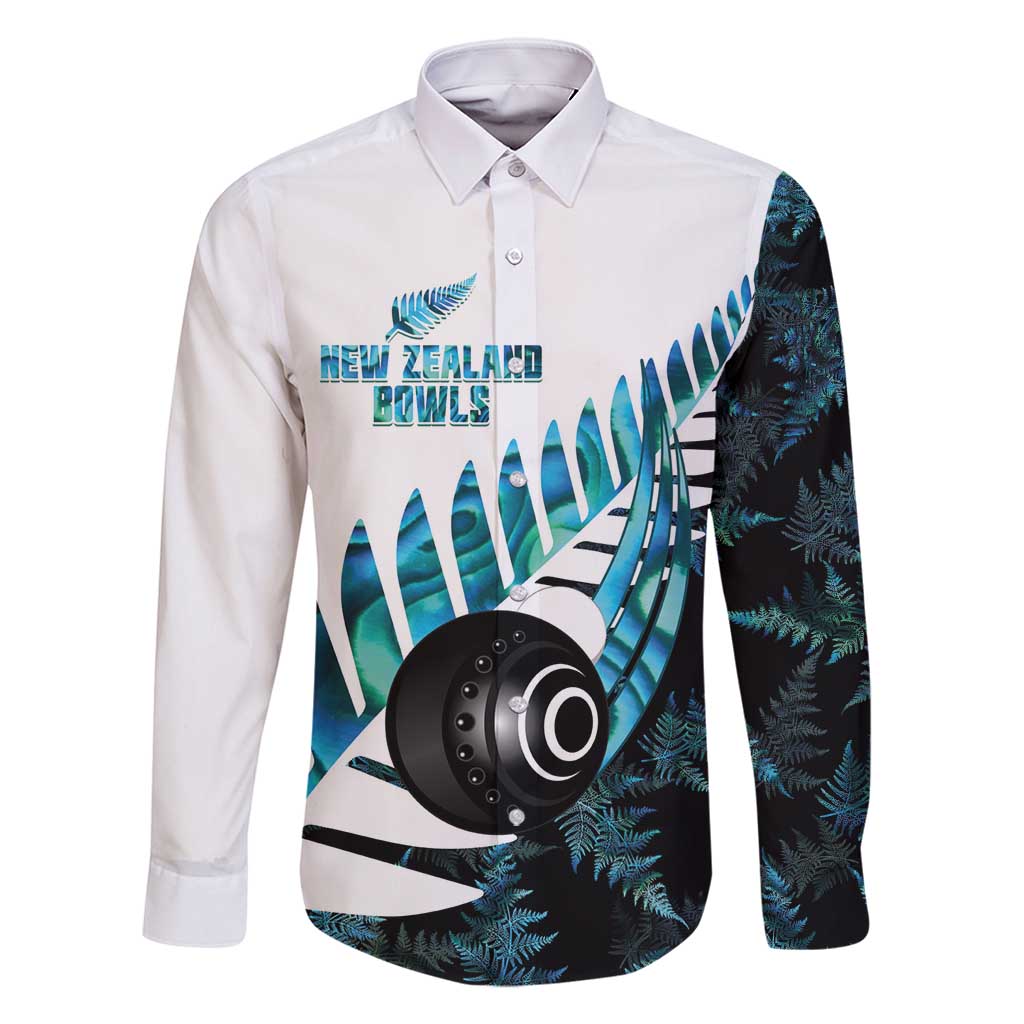 New Zealand Lawn Bowls Custom Family Matching Off Shoulder Maxi Dress and Hawaiian Shirt Aotearoa Silver Fern Paua Shell LT14 Dad's Shirt - Long Sleeve Black - Polynesian Pride