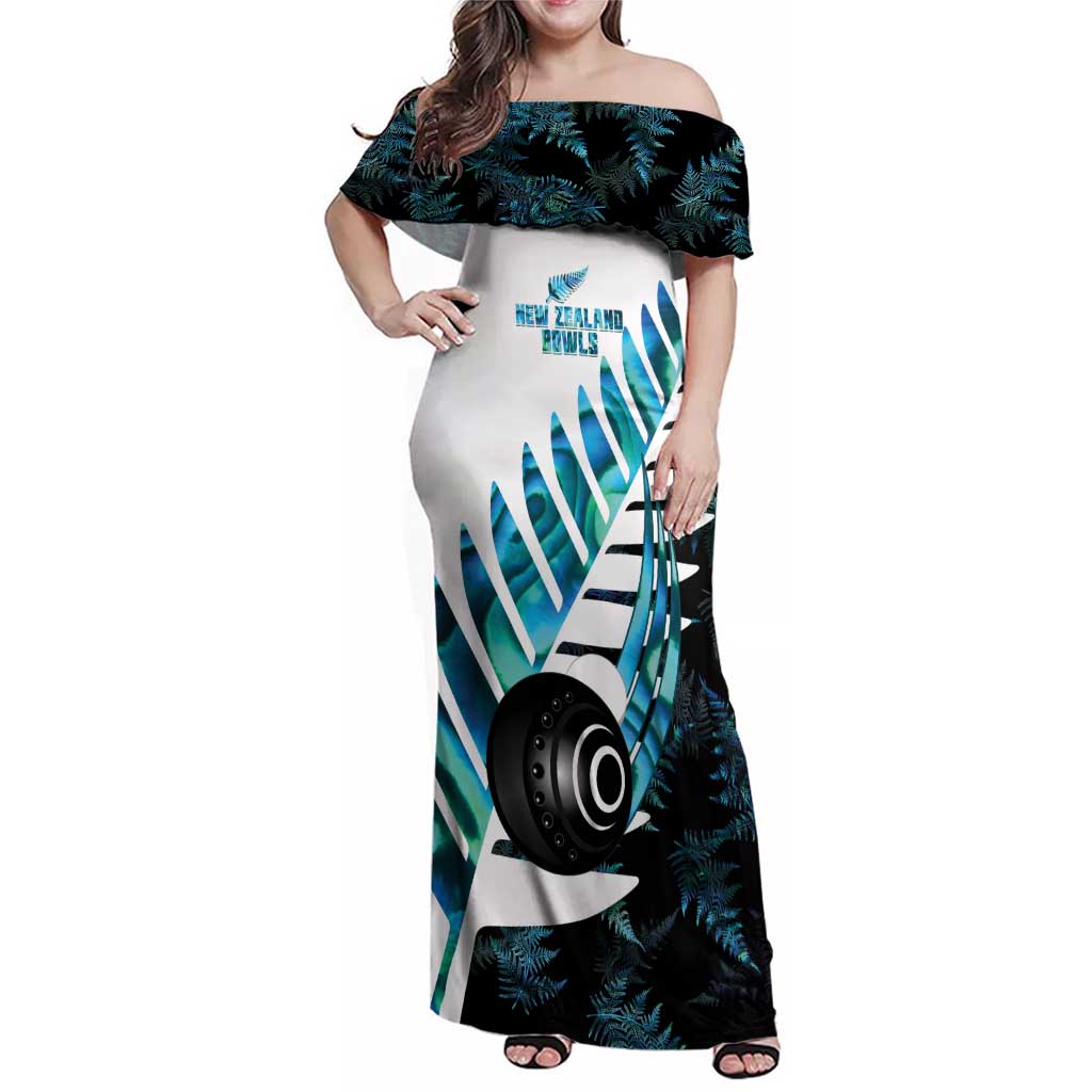 New Zealand Lawn Bowls Custom Family Matching Off Shoulder Maxi Dress and Hawaiian Shirt Aotearoa Silver Fern Paua Shell LT14 Mom's Dress Black - Polynesian Pride