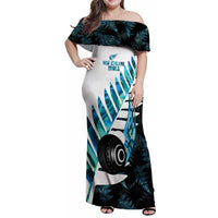 New Zealand Lawn Bowls Custom Family Matching Off Shoulder Maxi Dress and Hawaiian Shirt Aotearoa Silver Fern Paua Shell LT14 Mom's Dress Black - Polynesian Pride