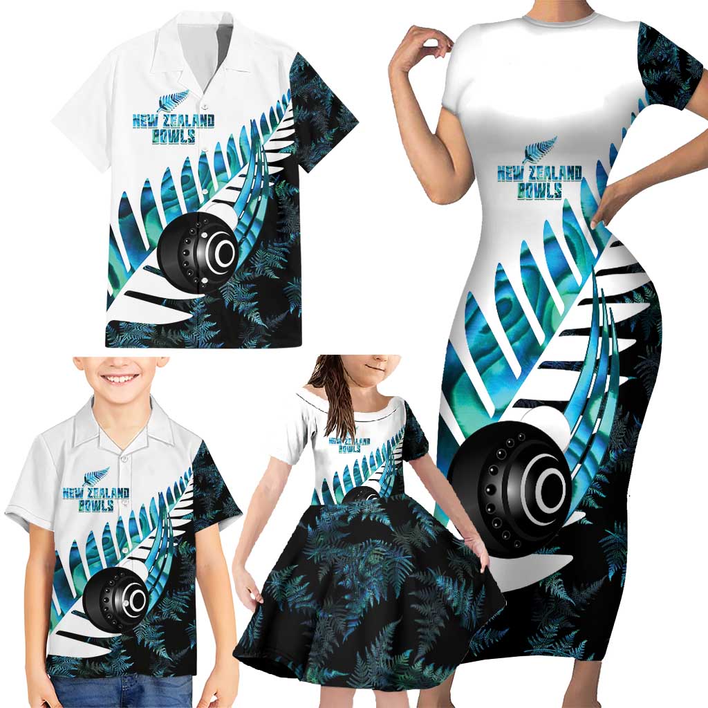 New Zealand Lawn Bowls Custom Family Matching Short Sleeve Bodycon Dress and Hawaiian Shirt Aotearoa Silver Fern Paua Shell LT14 - Polynesian Pride