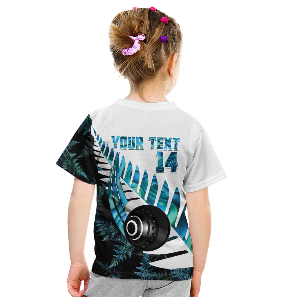 New Zealand Lawn Bowls Custom Kid T Shirt Aotearoa Silver Fern Paua Shell - Polynesian Pride