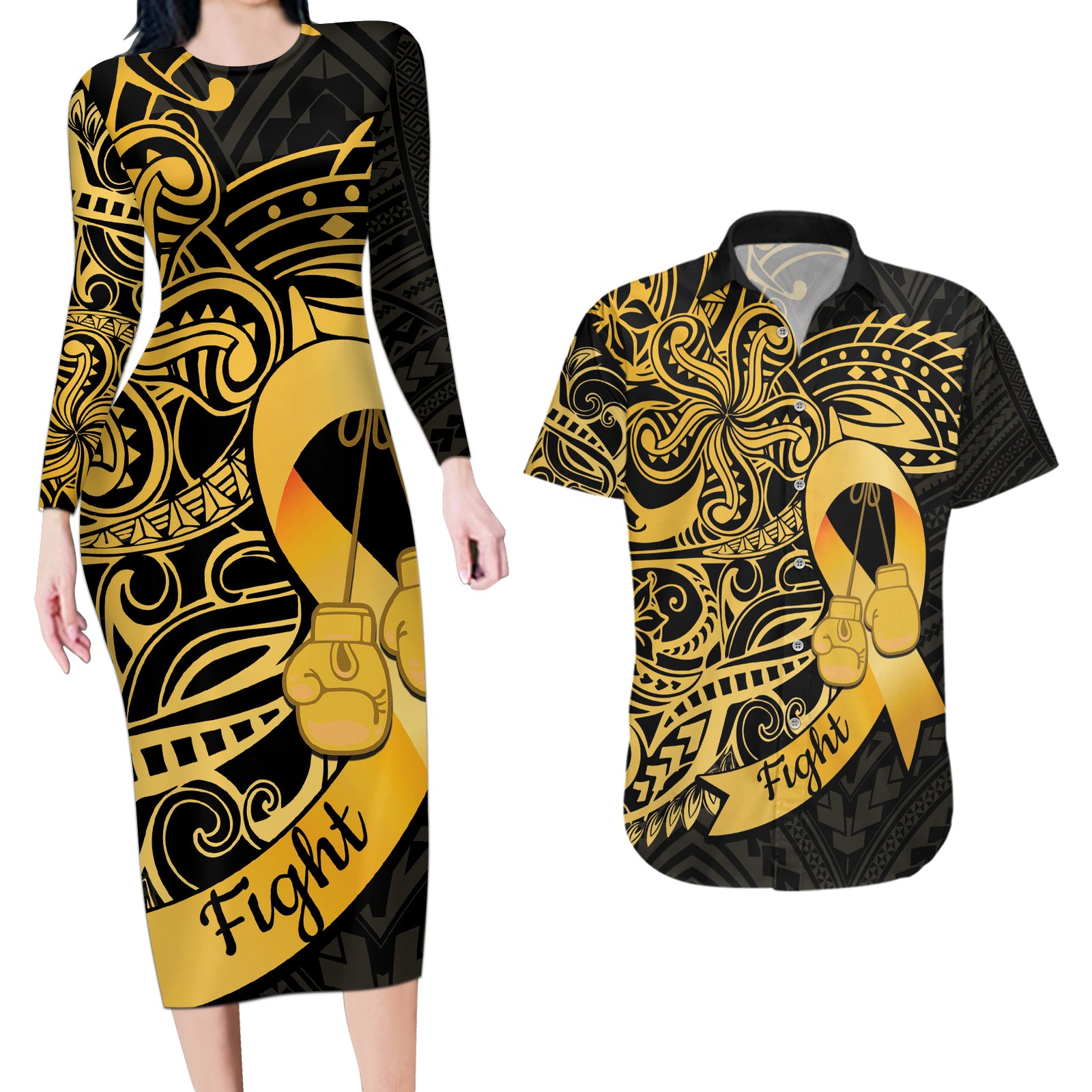 Polynesia Bone Cancer Awareness Couples Matching Long Sleeve Bodycon Dress and Hawaiian Shirt Fight Warriors LT14 Black - Polynesian Pride