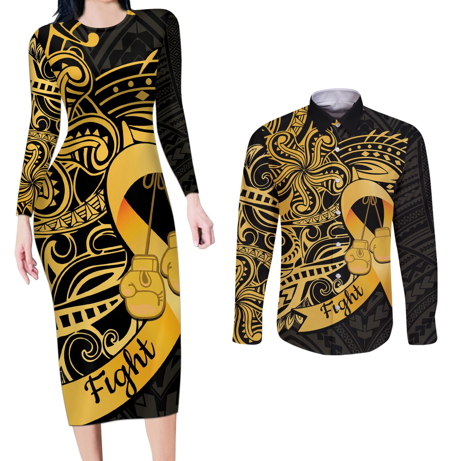 Polynesia Bone Cancer Awareness Couples Matching Long Sleeve Bodycon Dress and Long Sleeve Button Shirt Fight Warriors LT14 Black - Polynesian Pride