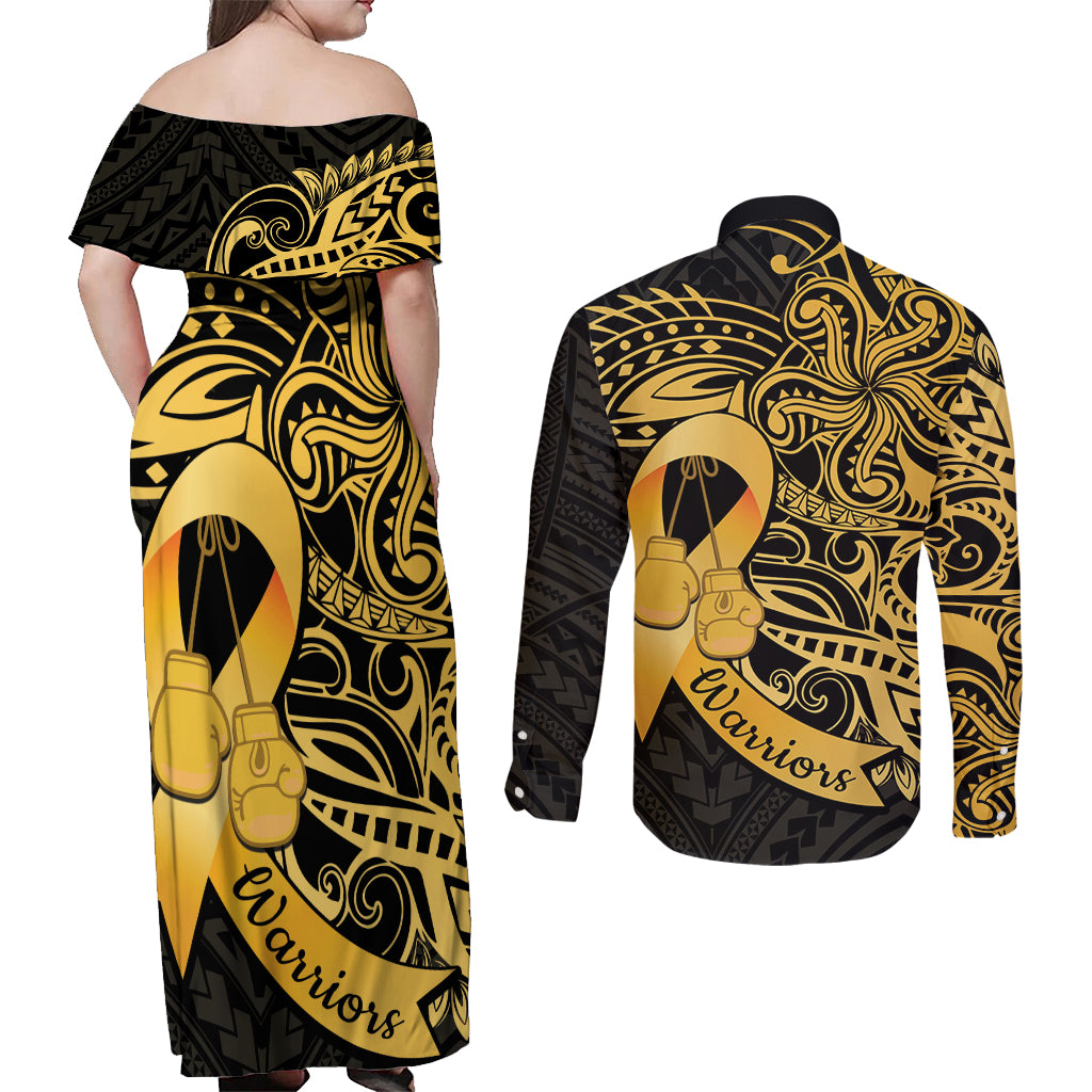 Polynesia Bone Cancer Awareness Couples Matching Off Shoulder Maxi Dress and Long Sleeve Button Shirt Fight Warriors LT14 - Polynesian Pride