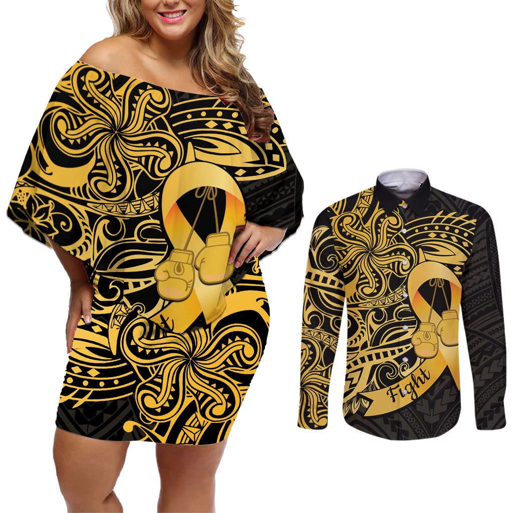 Polynesia Bone Cancer Awareness Couples Matching Off Shoulder Short Dress and Long Sleeve Button Shirt Fight Warriors LT14 Black - Polynesian Pride