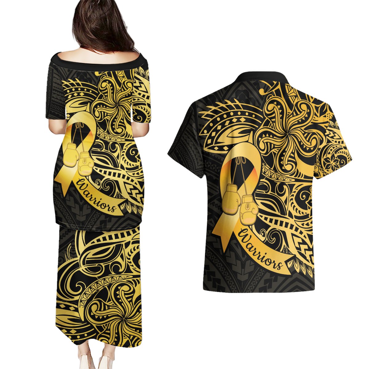 Polynesia Bone Cancer Awareness Couples Matching Puletasi and Hawaiian Shirt Fight Warriors