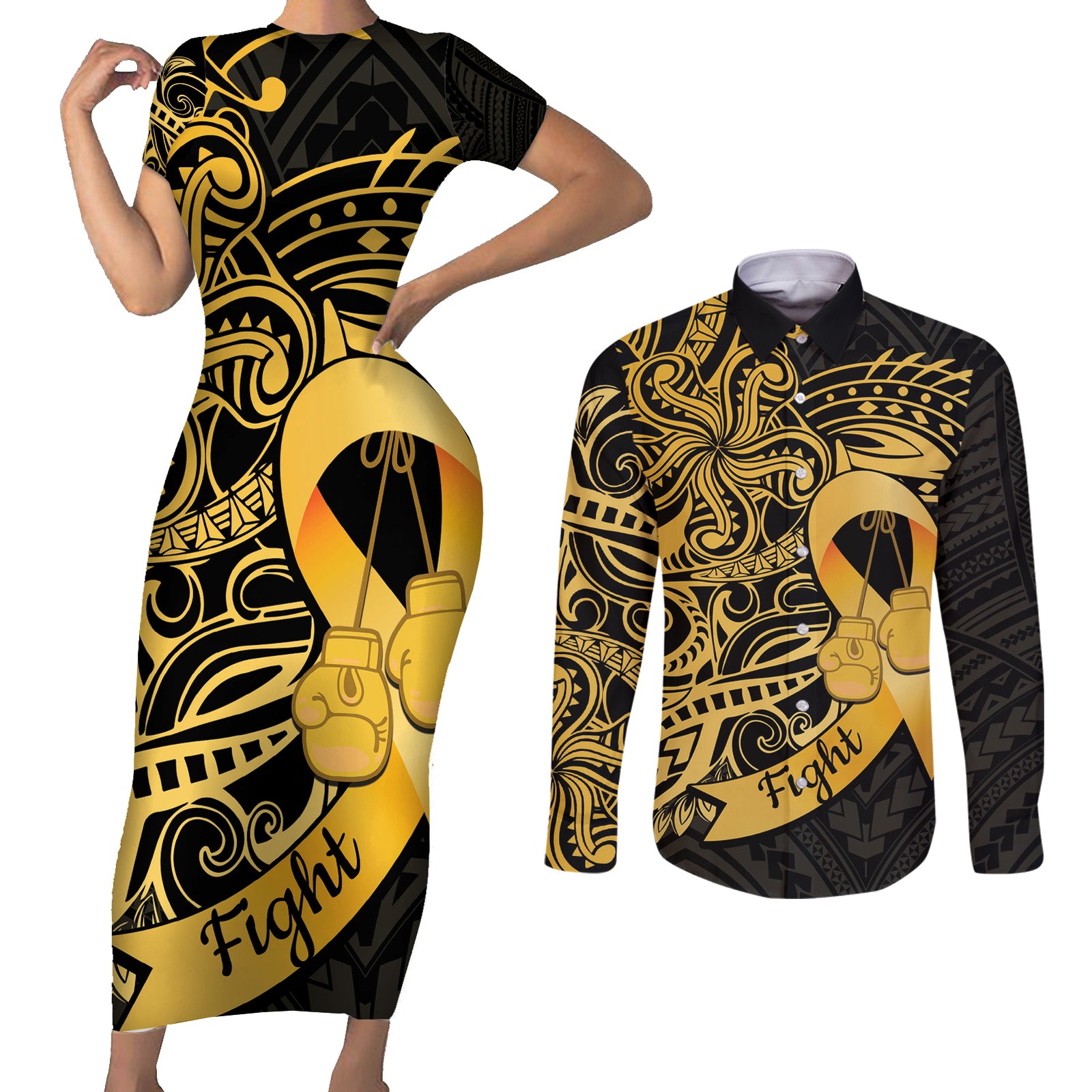 Polynesia Bone Cancer Awareness Couples Matching Short Sleeve Bodycon Dress and Long Sleeve Button Shirt Fight Warriors LT14 Black - Polynesian Pride