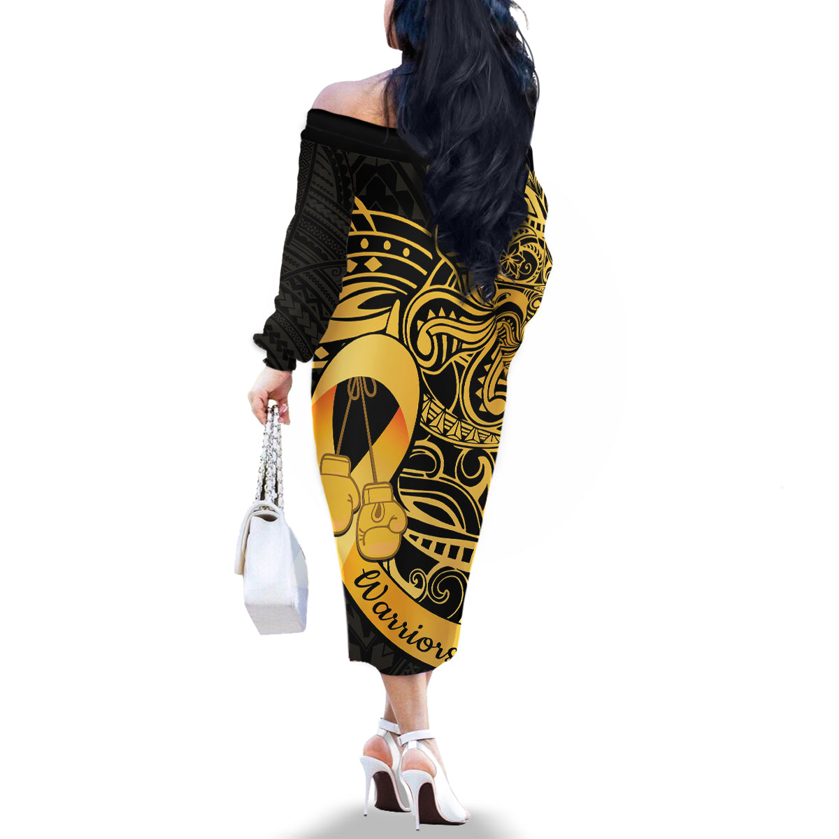 Polynesia Bone Cancer Awareness Family Matching Off The Shoulder Long Sleeve Dress and Hawaiian Shirt Fight Warriors