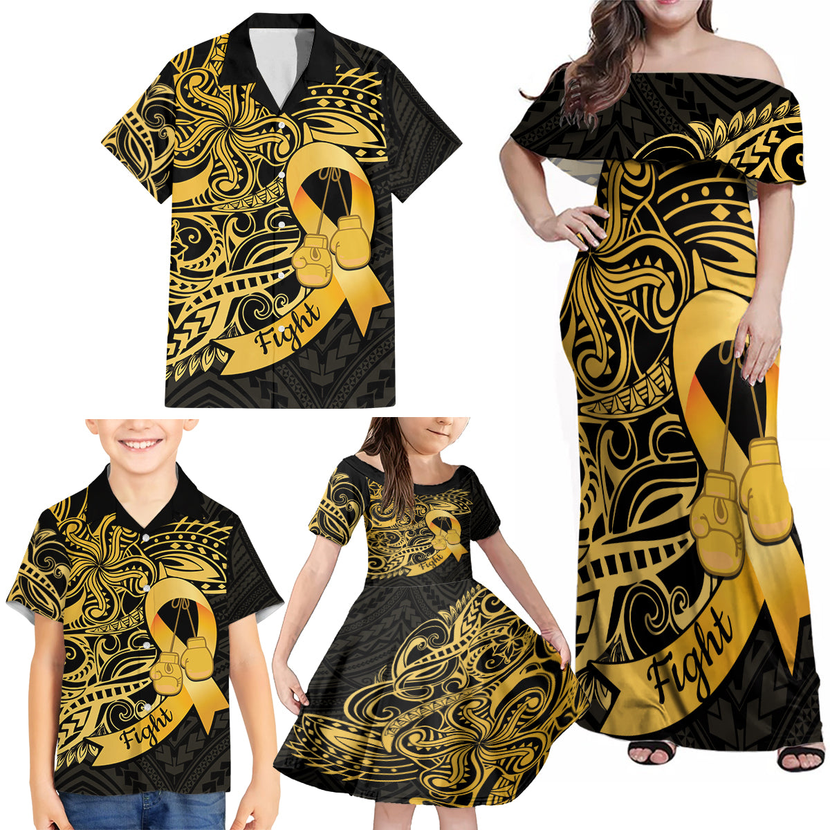 Polynesia Bone Cancer Awareness Family Matching Off Shoulder Maxi Dress and Hawaiian Shirt Fight Warriors LT14 - Polynesian Pride