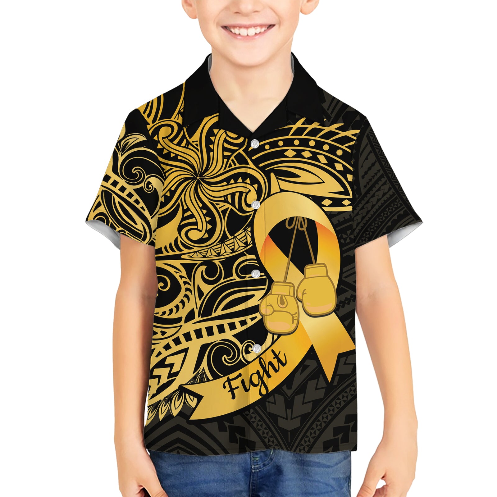 Polynesia Bone Cancer Awareness Kid Hawaiian Shirt Fight Warriors LT14 Kid Black - Polynesian Pride