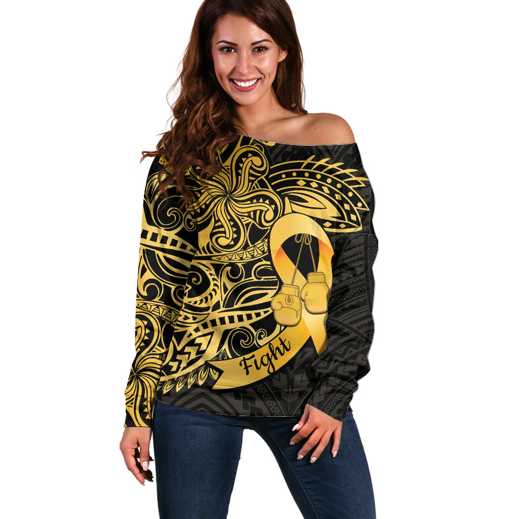 Polynesia Bone Cancer Awareness Off Shoulder Sweater Fight Warriors LT14 Women Black - Polynesian Pride
