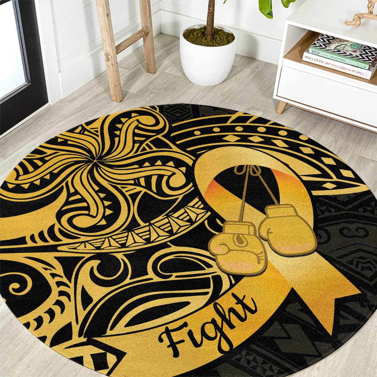 Polynesia Bone Cancer Awareness Round Carpet Fight Warriors LT14 Black - Polynesian Pride
