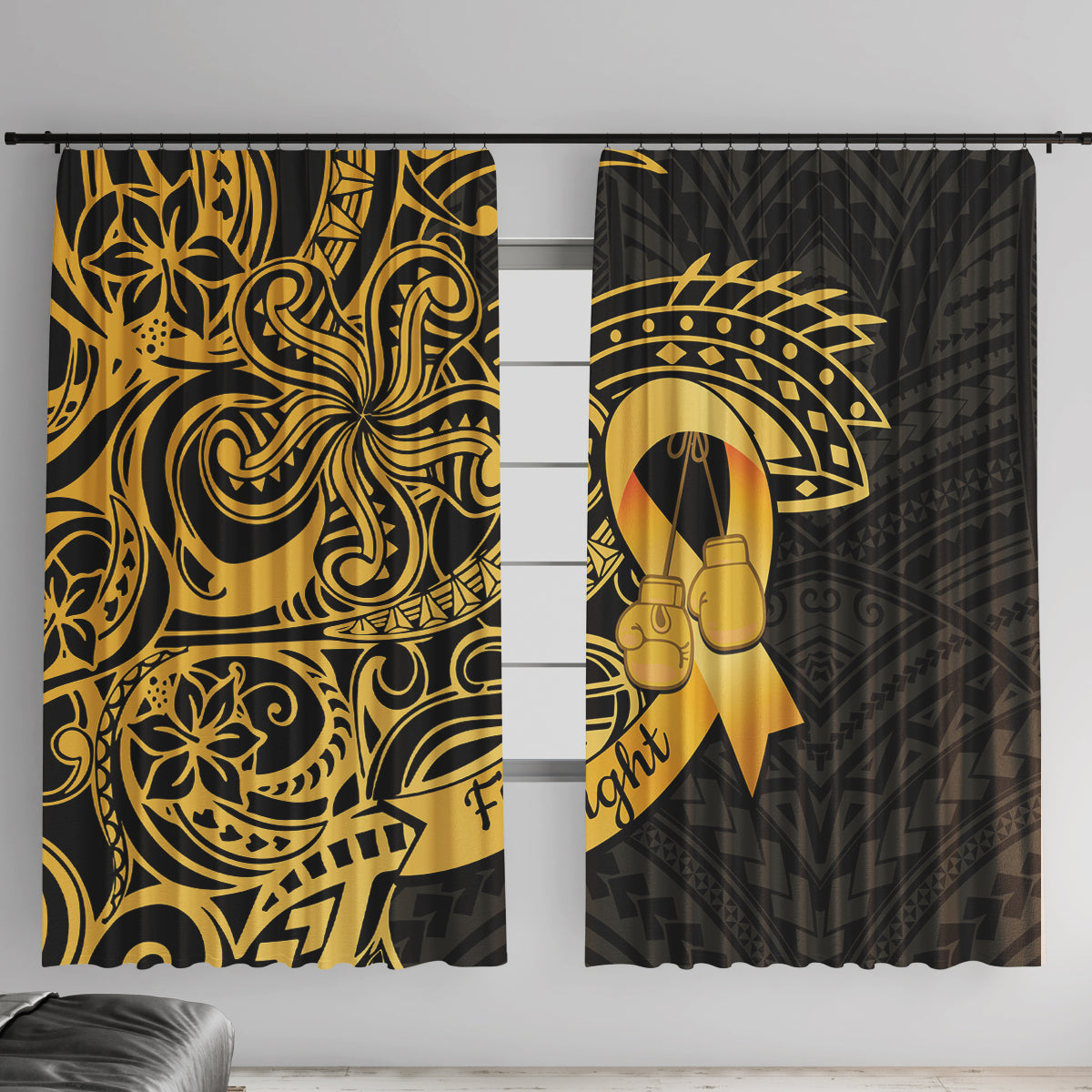 Polynesia Bone Cancer Awareness Window Curtain Fight Warriors LT14 With Hooks Black - Polynesian Pride