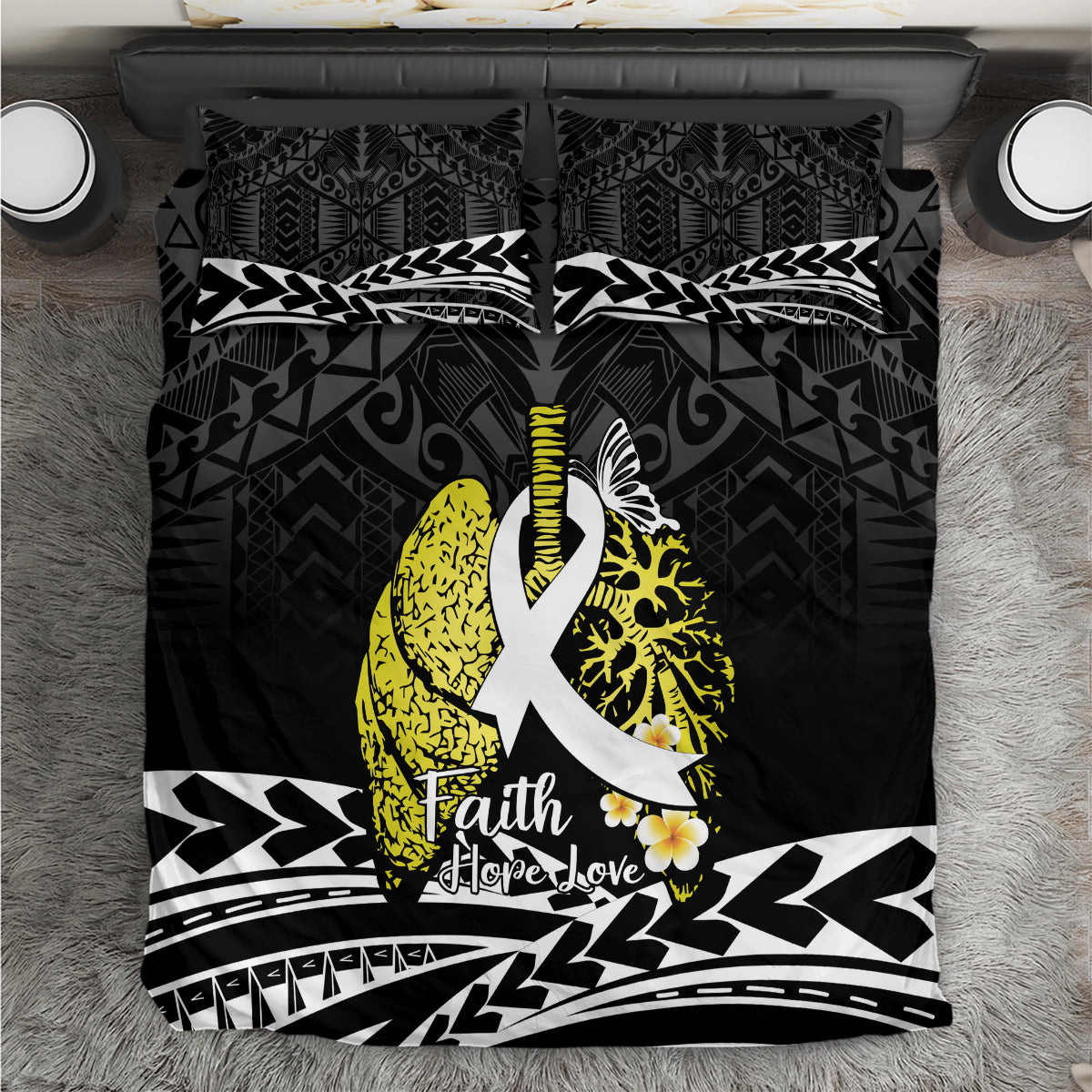 Polynesia World Lung Cancer Day Bedding Set Faith Hope Love LT14 Black - Polynesian Pride