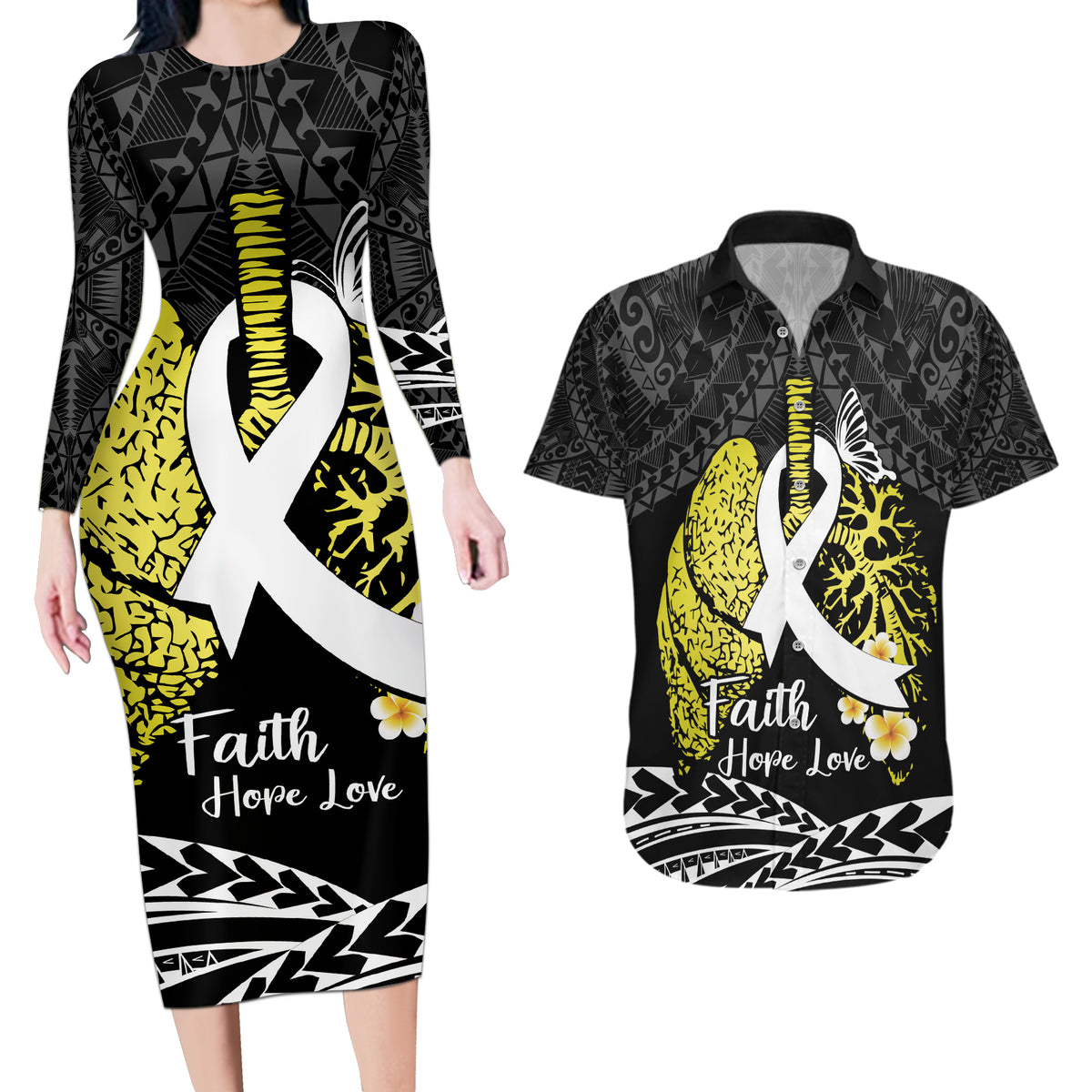 Personalised Polynesia World Lung Cancer Day Couples Matching Long Sleeve Bodycon Dress and Hawaiian Shirt Faith Hope Love LT14 Black - Polynesian Pride