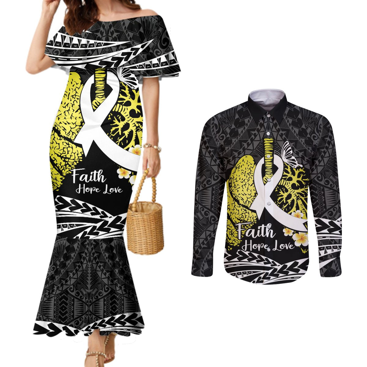 Personalised Polynesia World Lung Cancer Day Couples Matching Mermaid Dress and Long Sleeve Button Shirt Faith Hope Love