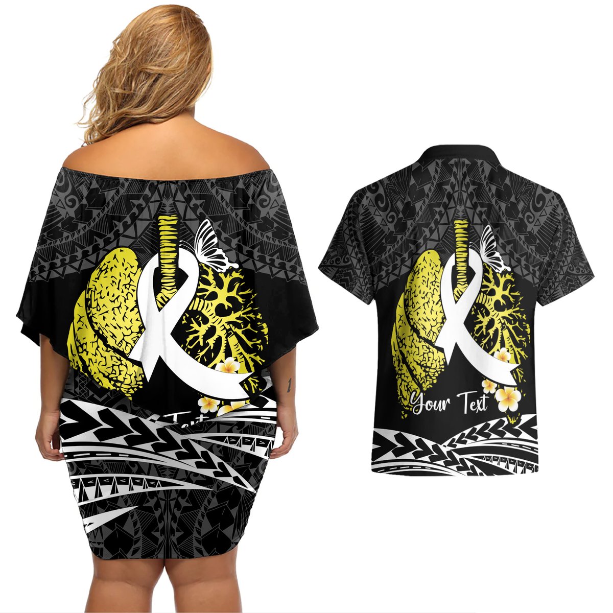 Personalised Polynesia World Lung Cancer Day Couples Matching Off Shoulder Short Dress and Hawaiian Shirt Faith Hope Love