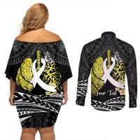 Personalised Polynesia World Lung Cancer Day Couples Matching Off Shoulder Short Dress and Long Sleeve Button Shirt Faith Hope Love