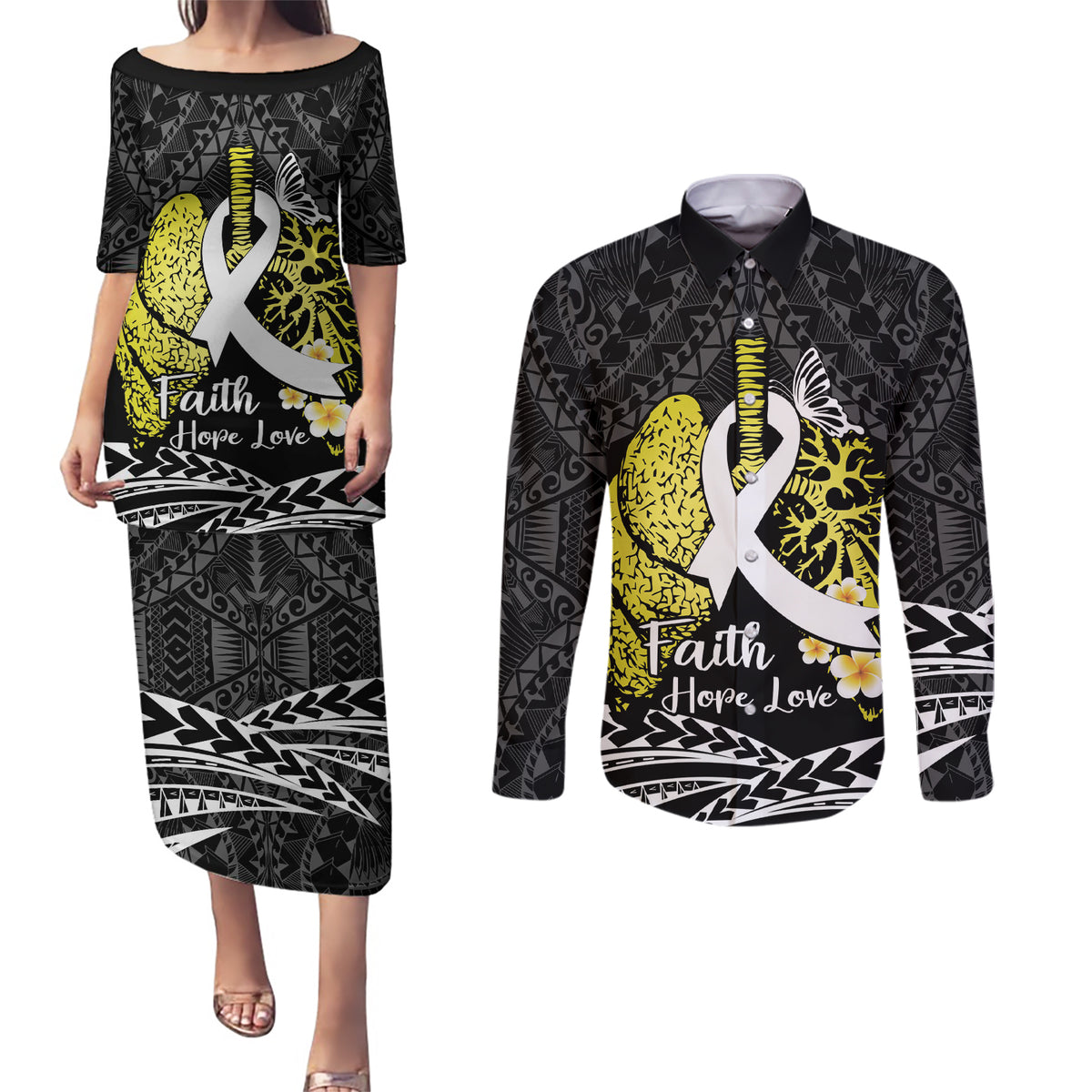 Personalised Polynesia World Lung Cancer Day Couples Matching Puletasi and Long Sleeve Button Shirt Faith Hope Love