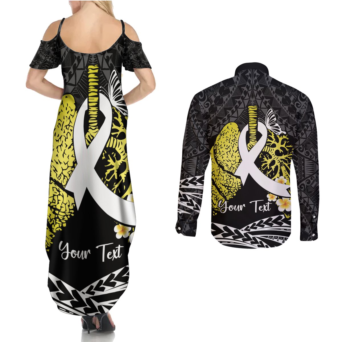 Personalised Polynesia World Lung Cancer Day Couples Matching Summer Maxi Dress and Long Sleeve Button Shirt Faith Hope Love
