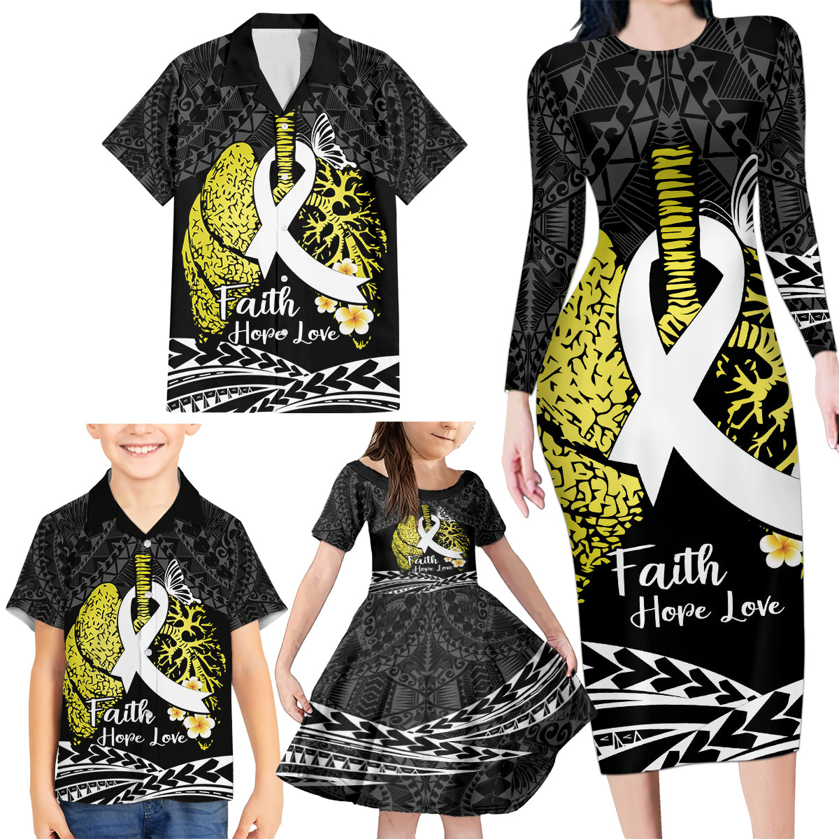 Personalised Polynesia World Lung Cancer Day Family Matching Long Sleeve Bodycon Dress and Hawaiian Shirt Faith Hope Love LT14 - Polynesian Pride