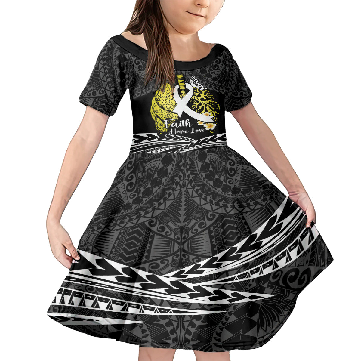 Personalised Polynesia World Lung Cancer Day Family Matching Mermaid Dress and Hawaiian Shirt Faith Hope Love LT14 Daughter's Dress Black - Polynesian Pride