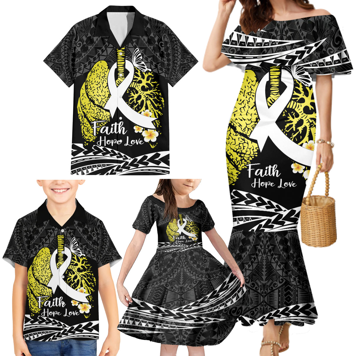 Personalised Polynesia World Lung Cancer Day Family Matching Mermaid Dress and Hawaiian Shirt Faith Hope Love LT14 - Polynesian Pride