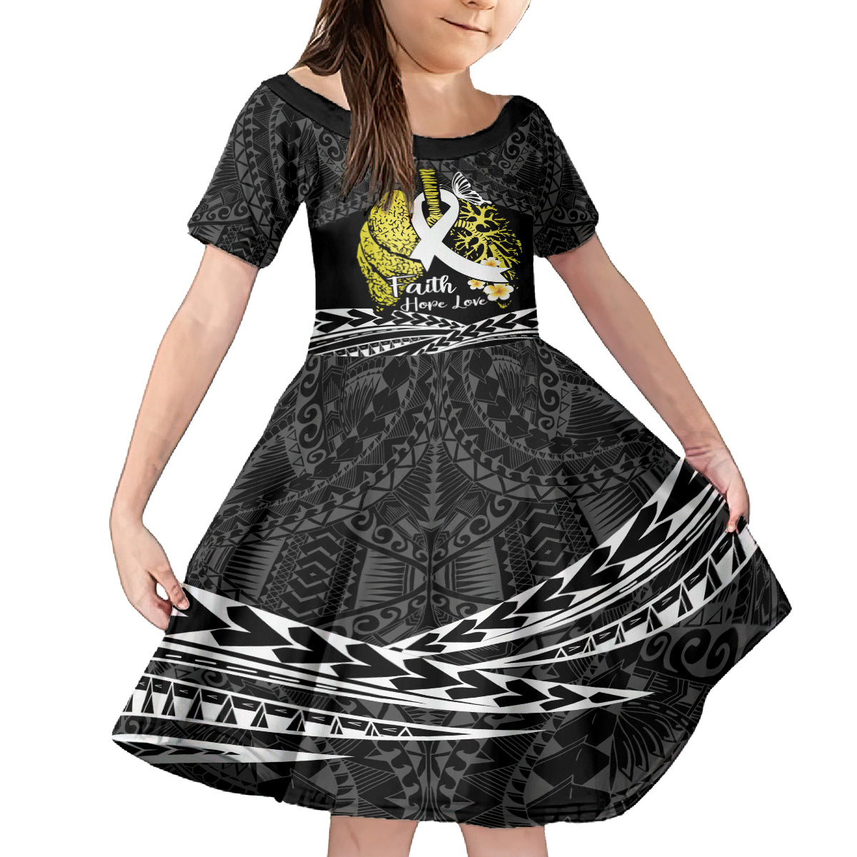 Personalised Polynesia World Lung Cancer Day Family Matching Puletasi and Hawaiian Shirt Faith Hope Love LT14 Daughter's Dress Black - Polynesian Pride