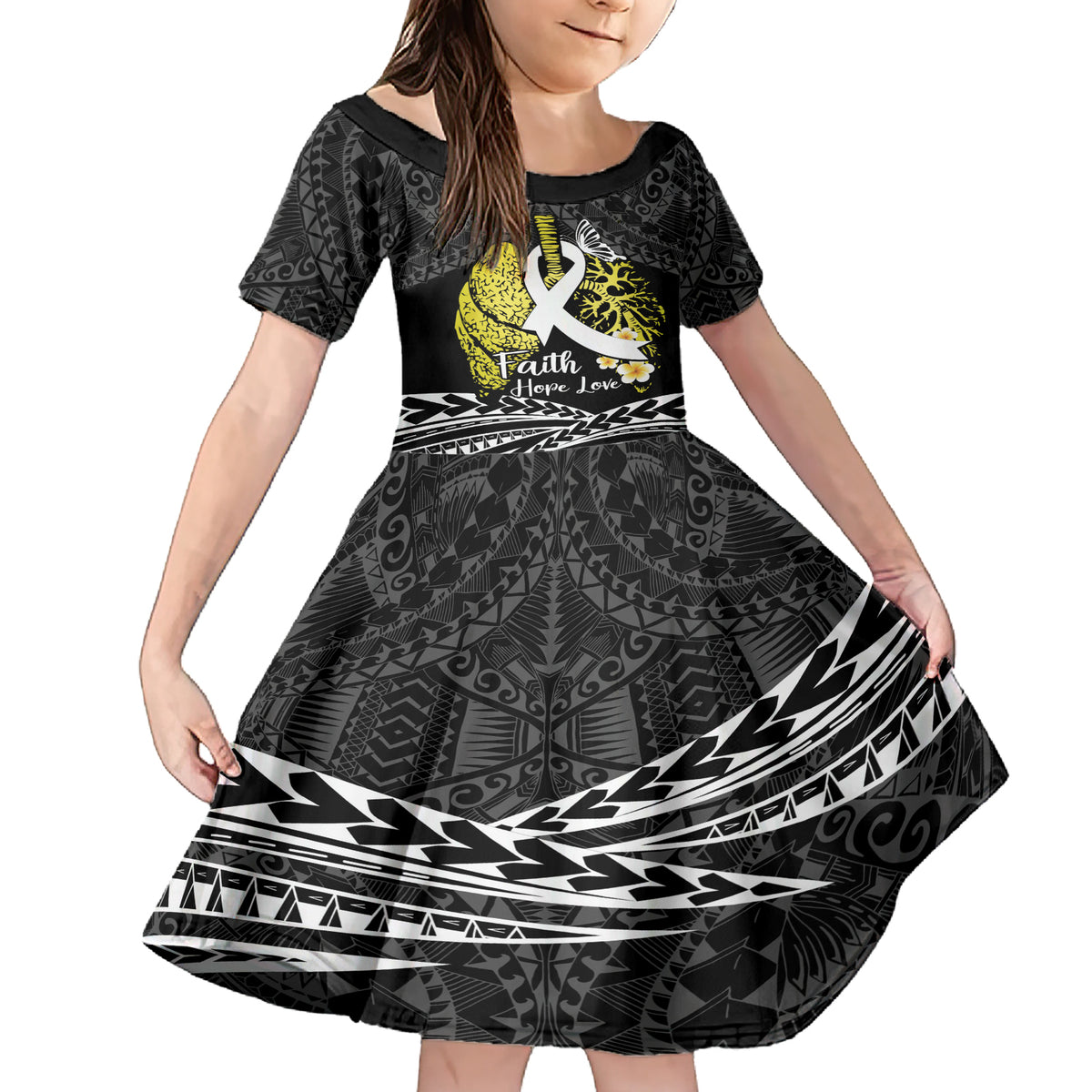 Personalised Polynesia World Lung Cancer Day Family Matching Short Sleeve Bodycon Dress and Hawaiian Shirt Faith Hope Love LT14 Daughter's Dress Black - Polynesian Pride