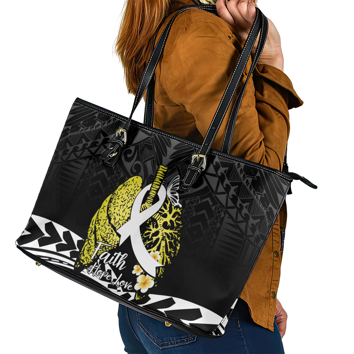 Polynesia World Lung Cancer Day Leather Tote Bag Faith Hope Love