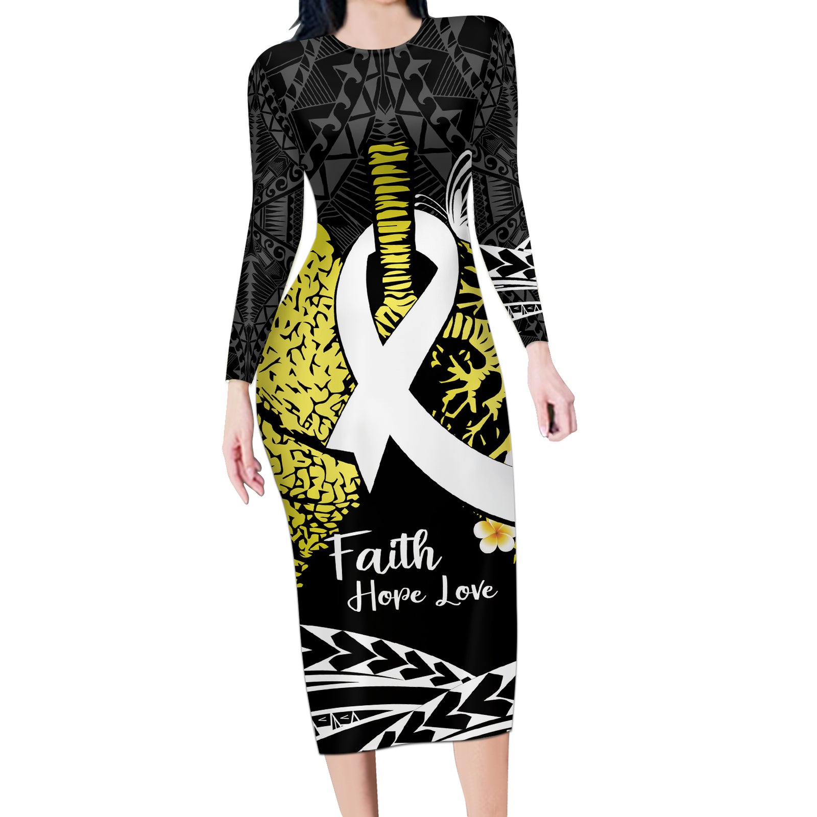 Personalised Polynesia World Lung Cancer Day Long Sleeve Bodycon Dress Faith Hope Love