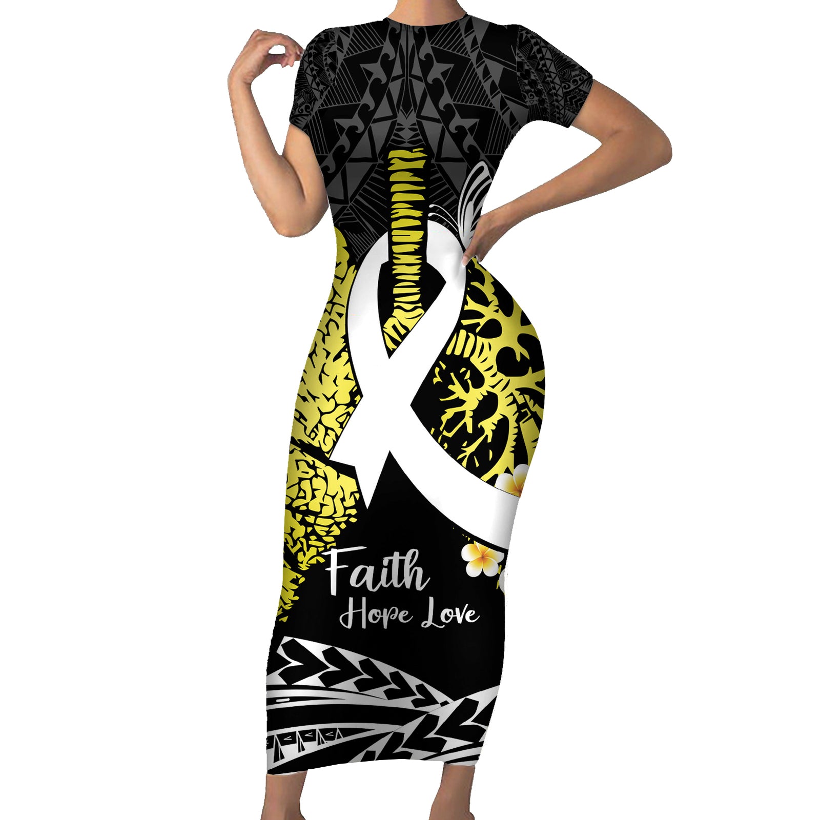 Personalised Polynesia World Lung Cancer Day Short Sleeve Bodycon Dress Faith Hope Love LT14 Long Dress Black - Polynesian Pride