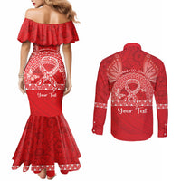 Personalised In September We Wear Red Couples Matching Mermaid Dress and Long Sleeve Button Shirt Polynesia Blood Cancer Awareness
