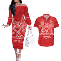 Personalised In September We Wear Red Couples Matching Off The Shoulder Long Sleeve Dress and Hawaiian Shirt Polynesia Blood Cancer Awareness LT14 Red - Polynesian Pride