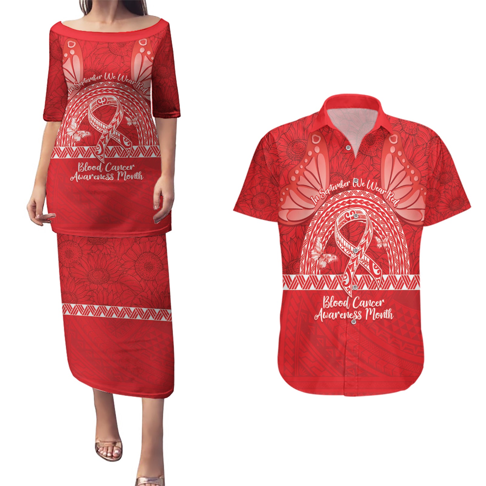 Personalised In September We Wear Red Couples Matching Puletasi and Hawaiian Shirt Polynesia Blood Cancer Awareness