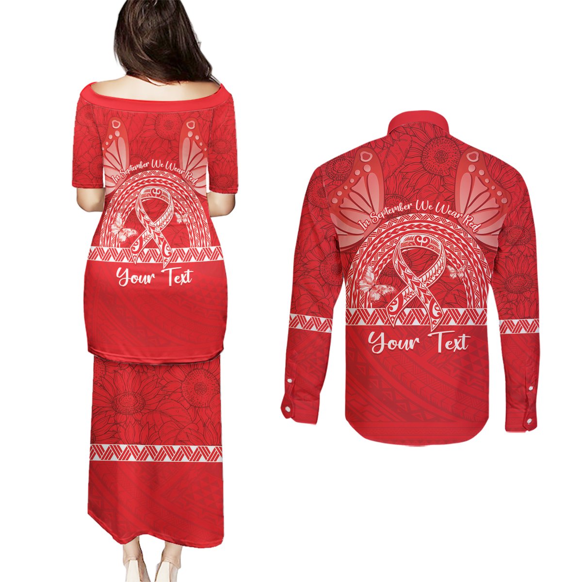 Personalised In September We Wear Red Couples Matching Puletasi and Long Sleeve Button Shirt Polynesia Blood Cancer Awareness