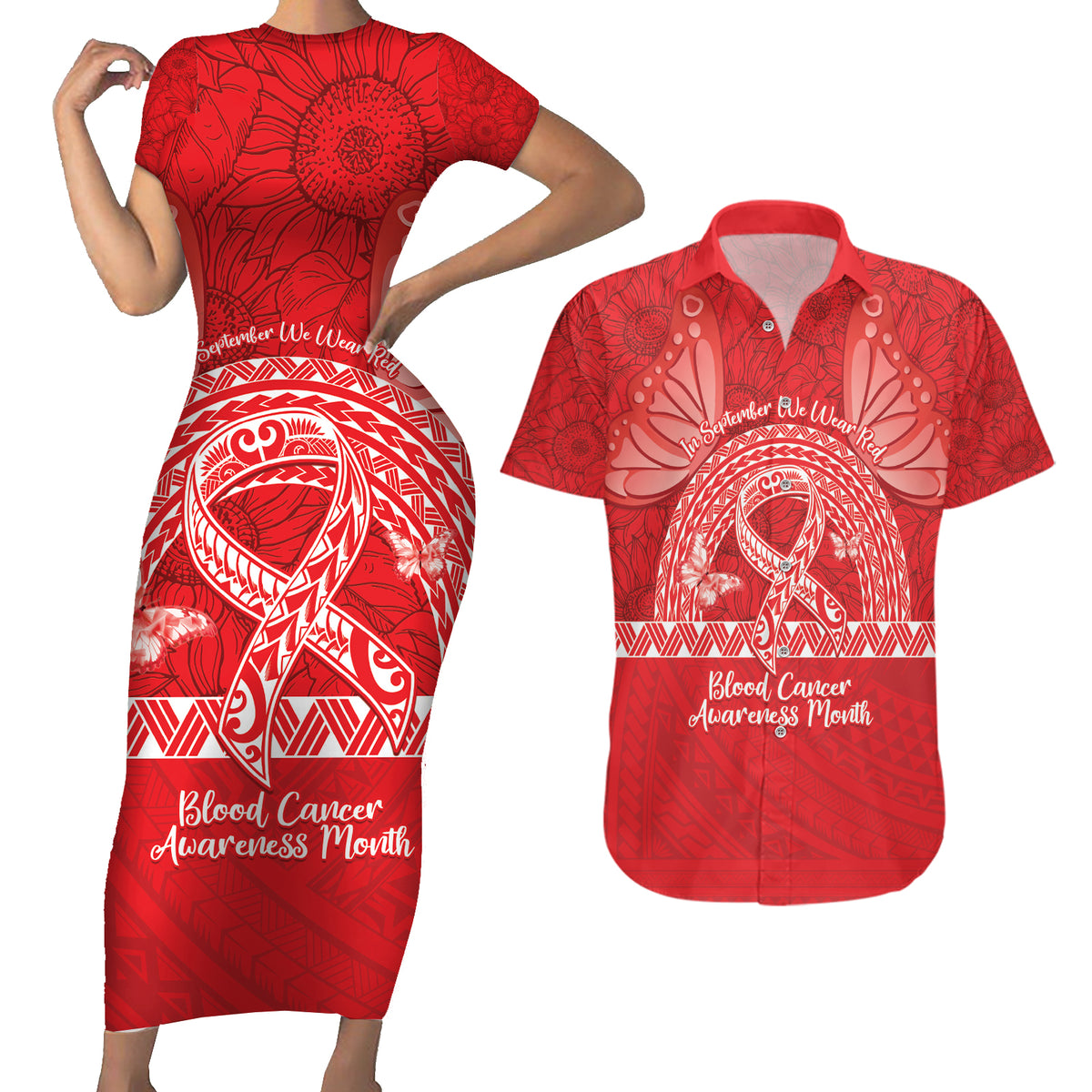 Personalised In September We Wear Red Couples Matching Short Sleeve Bodycon Dress and Hawaiian Shirt Polynesia Blood Cancer Awareness LT14 Red - Polynesian Pride