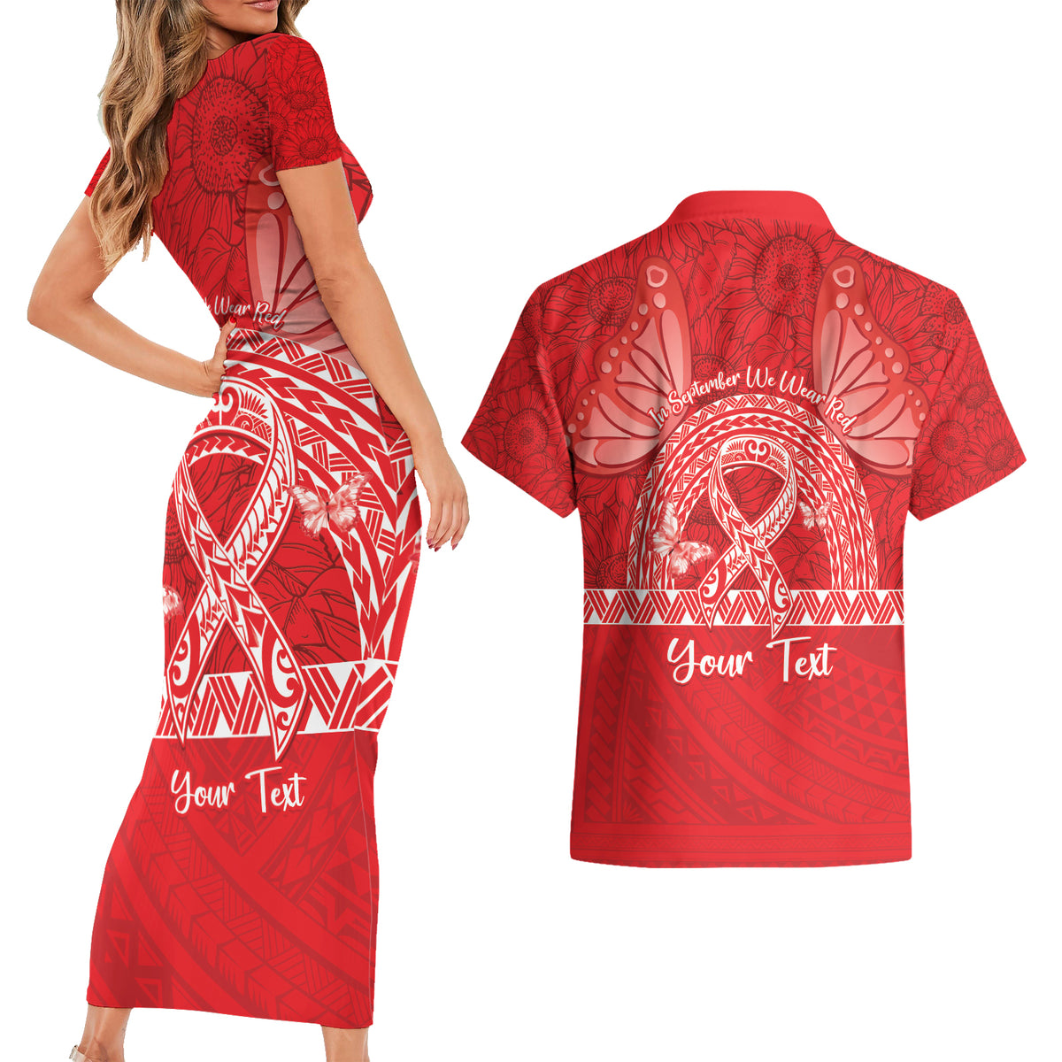 Personalised In September We Wear Red Couples Matching Short Sleeve Bodycon Dress and Hawaiian Shirt Polynesia Blood Cancer Awareness LT14 - Polynesian Pride