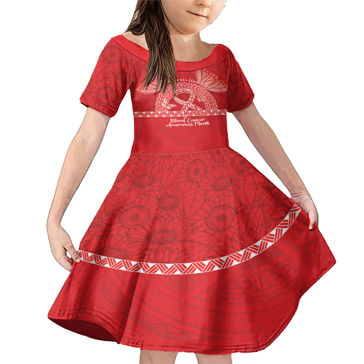 Personalised In September We Wear Red Family Matching Mermaid Dress and Hawaiian Shirt Polynesia Blood Cancer Awareness LT14 Daughter's Dress Red - Polynesian Pride