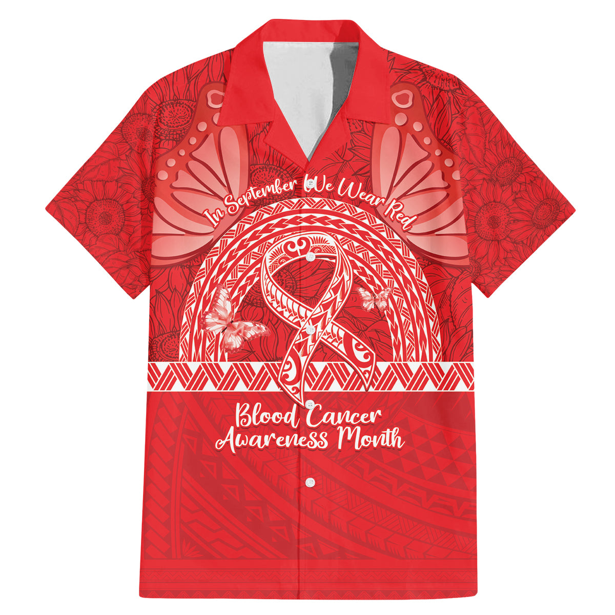 Personalised In September We Wear Red Family Matching Mermaid Dress and Hawaiian Shirt Polynesia Blood Cancer Awareness LT14 Dad's Shirt - Short Sleeve Red - Polynesian Pride