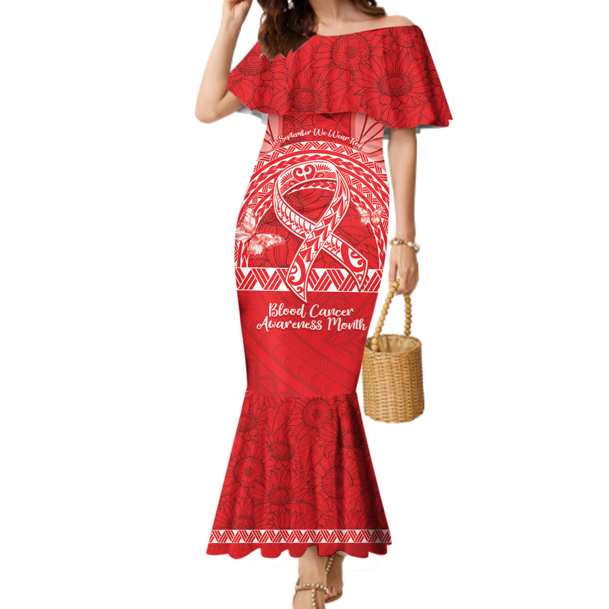 Personalised In September We Wear Red Family Matching Mermaid Dress and Hawaiian Shirt Polynesia Blood Cancer Awareness LT14 Mom's Dress Red - Polynesian Pride