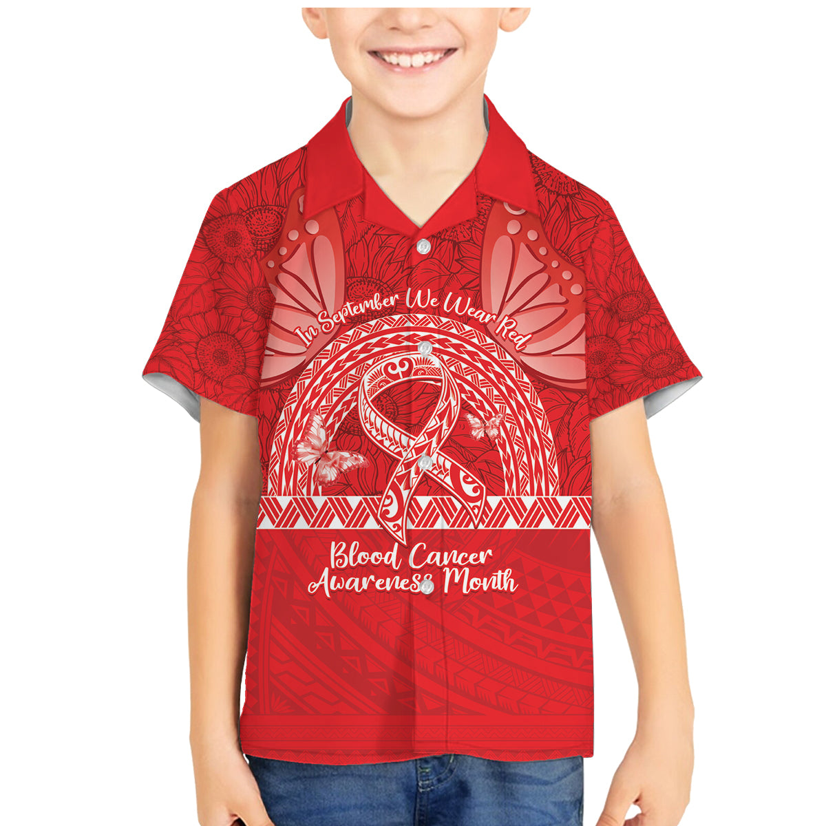 Personalised In September We Wear Red Family Matching Mermaid Dress and Hawaiian Shirt Polynesia Blood Cancer Awareness LT14 Son's Shirt Red - Polynesian Pride
