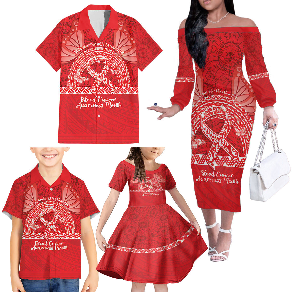 Personalised In September We Wear Red Family Matching Off The Shoulder Long Sleeve Dress and Hawaiian Shirt Polynesia Blood Cancer Awareness LT14 - Polynesian Pride